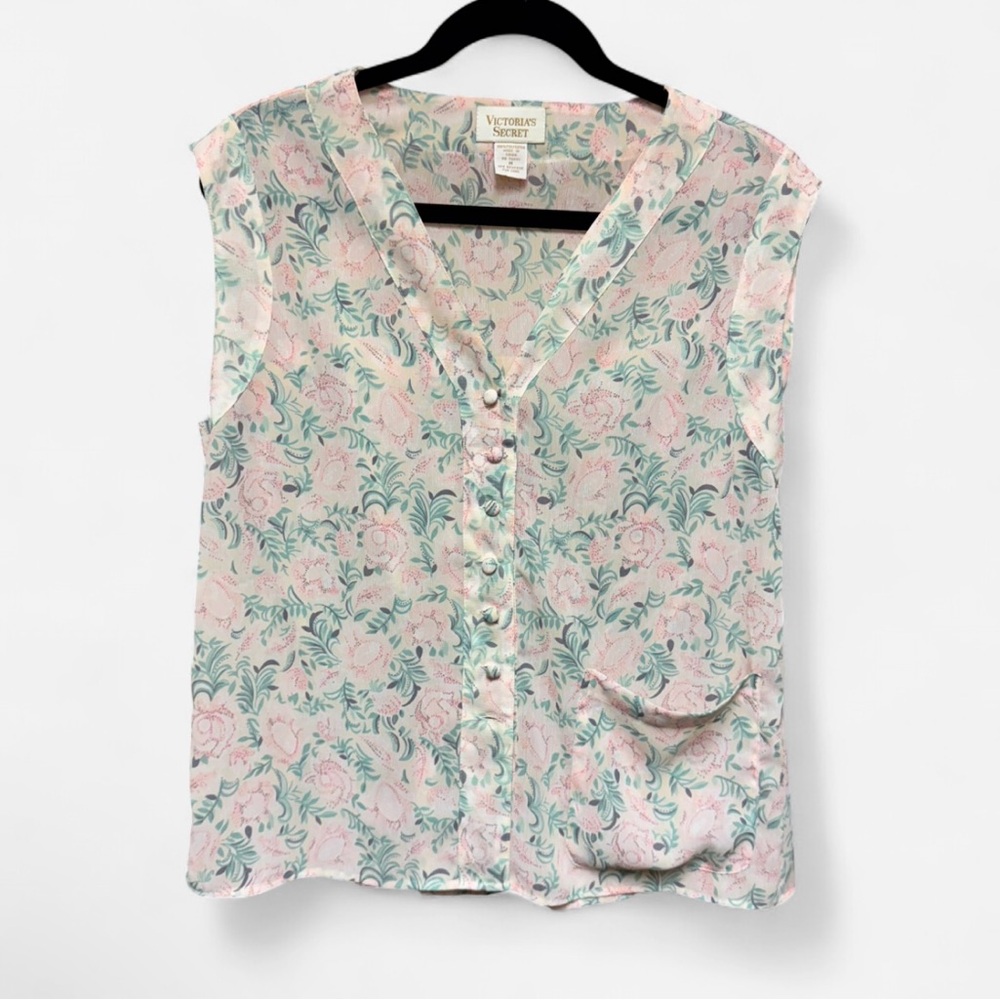 Vintage Victoria’s Secret Pink & Green Floral Sheer Sleeveless Button Up Top
